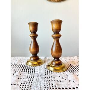 Vintage Pair of Hand Turned Wooden and Brass Candlestick Holders